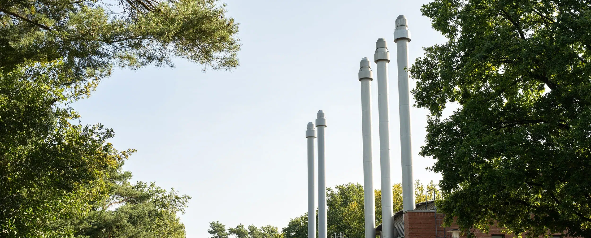 Mehrere hohe Schornsteine einer Energieanlage, umgeben von grünen Bäumen.